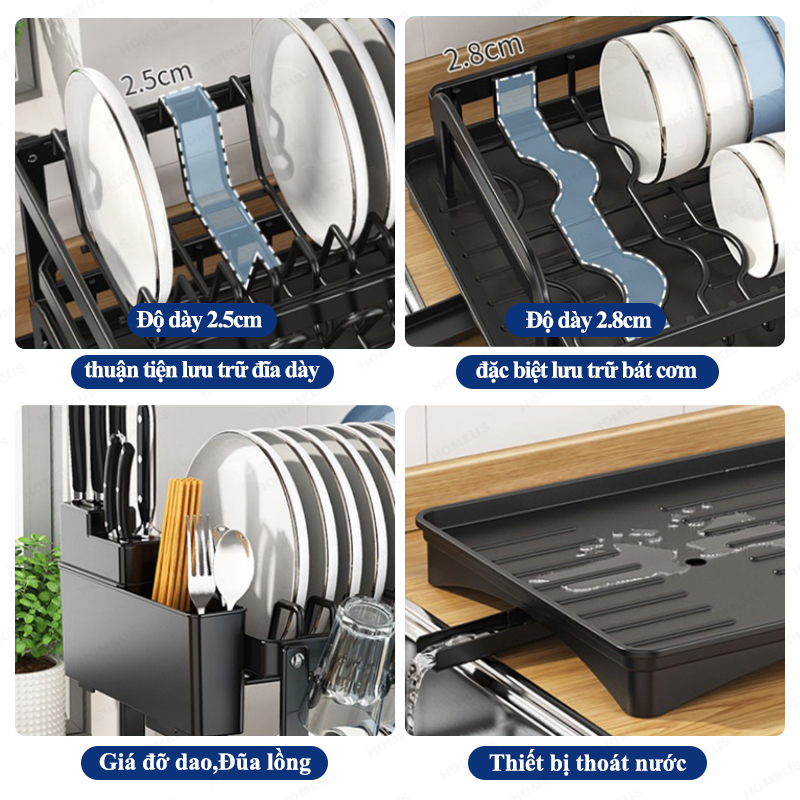 Homeus  Nhà bếp thép không gỉ thoát nước Rack Dish Rack Kệ lưu trữ nhà bếp với pallet