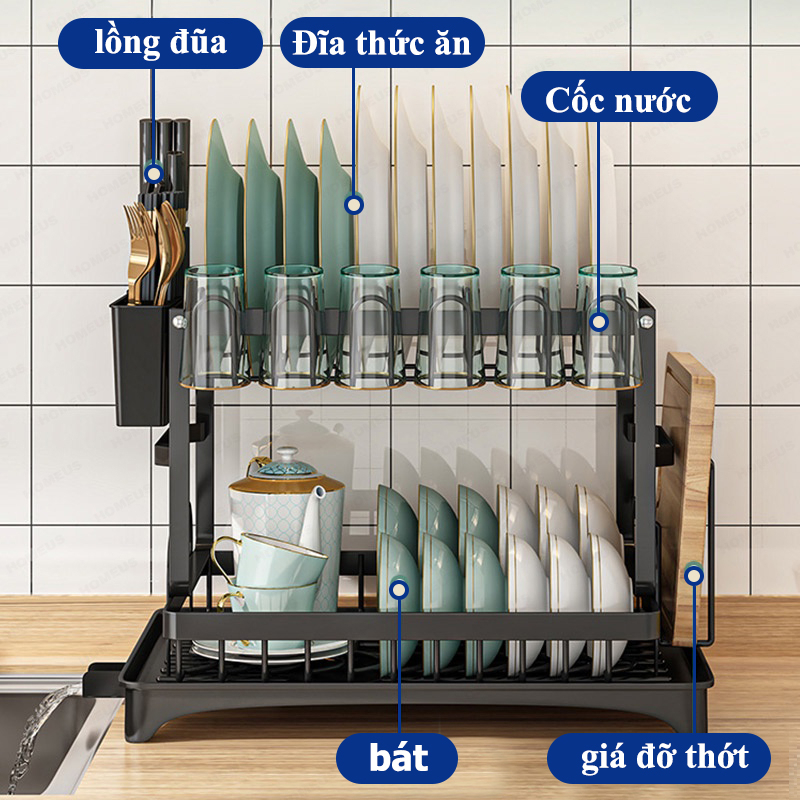 Homeus  Nhà bếp thép không gỉ thoát nước Rack Dish Rack Kệ lưu trữ nhà bếp với pallet