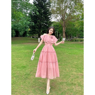 Đầm voan xoè rớt vai phối hoa hồng TRIPBLE T DRESS - Free size - MS14HD