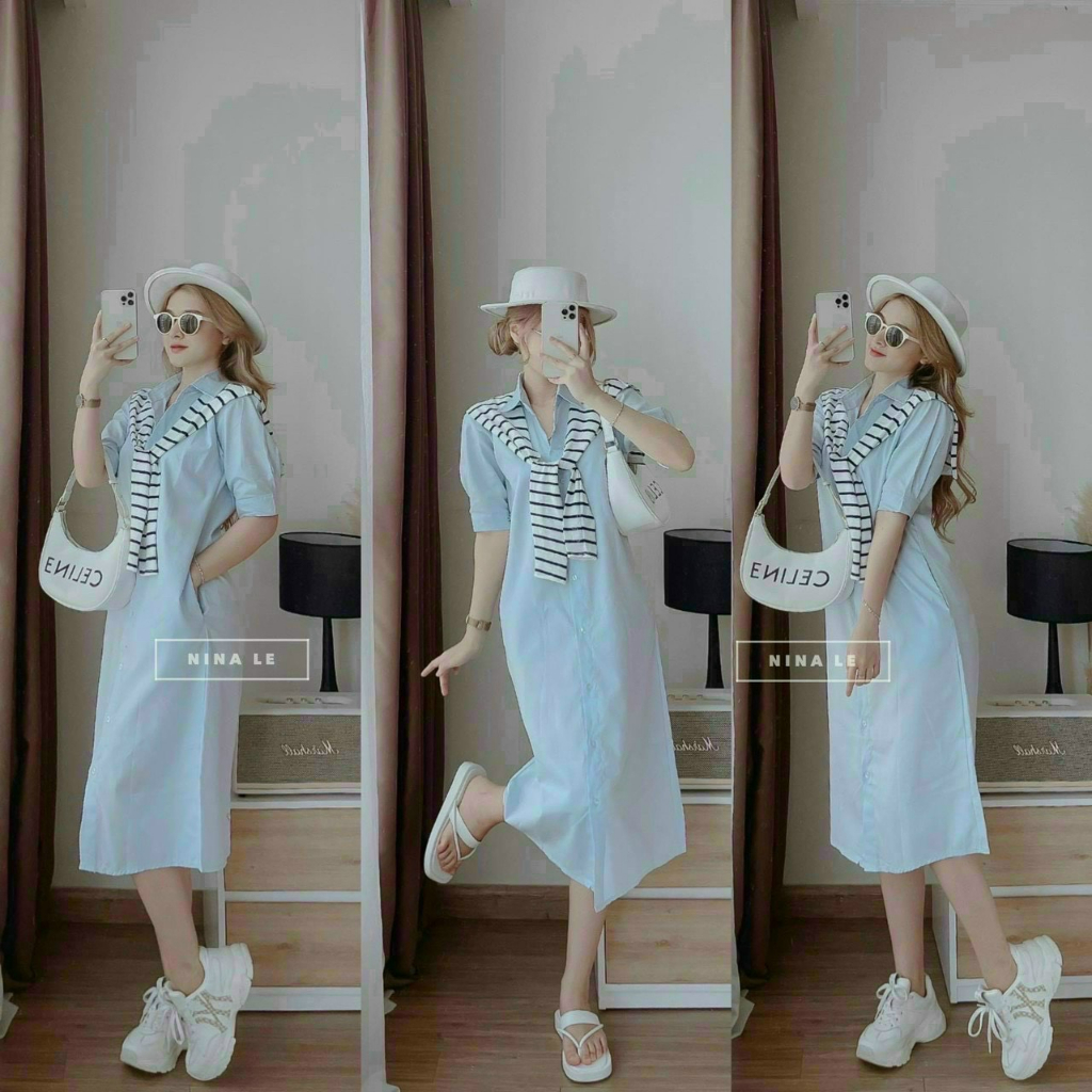 Đầm váy nữ suông cổ sơ mi đũi kèm dây choàng kẻ sọc xinh xắn, dễ thương dành cho các nàng đi chơi, đi biển