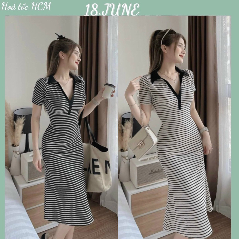(Clip thật) Đầm thun dáng dài ôm body sọc ngang cổ polo 3 nút tôn dáng siêu xinh 18June