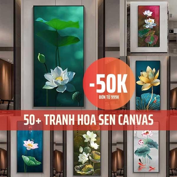 Tranh canvas treo tường hoa sen dài decor phòng khách lối ra vào đã có khung cao cấp bảo hành 5 năm tặng đinh treo