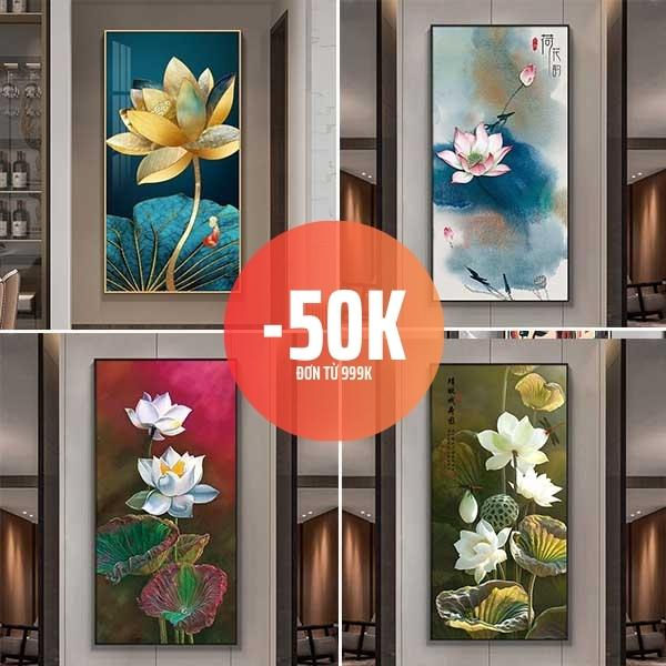Tranh hoa sen chất liệu canvas nhiều mẫu khổ dọc xả kho cực đẹp sang xịn đã bao gồm khung tặng kèm đinh treo
