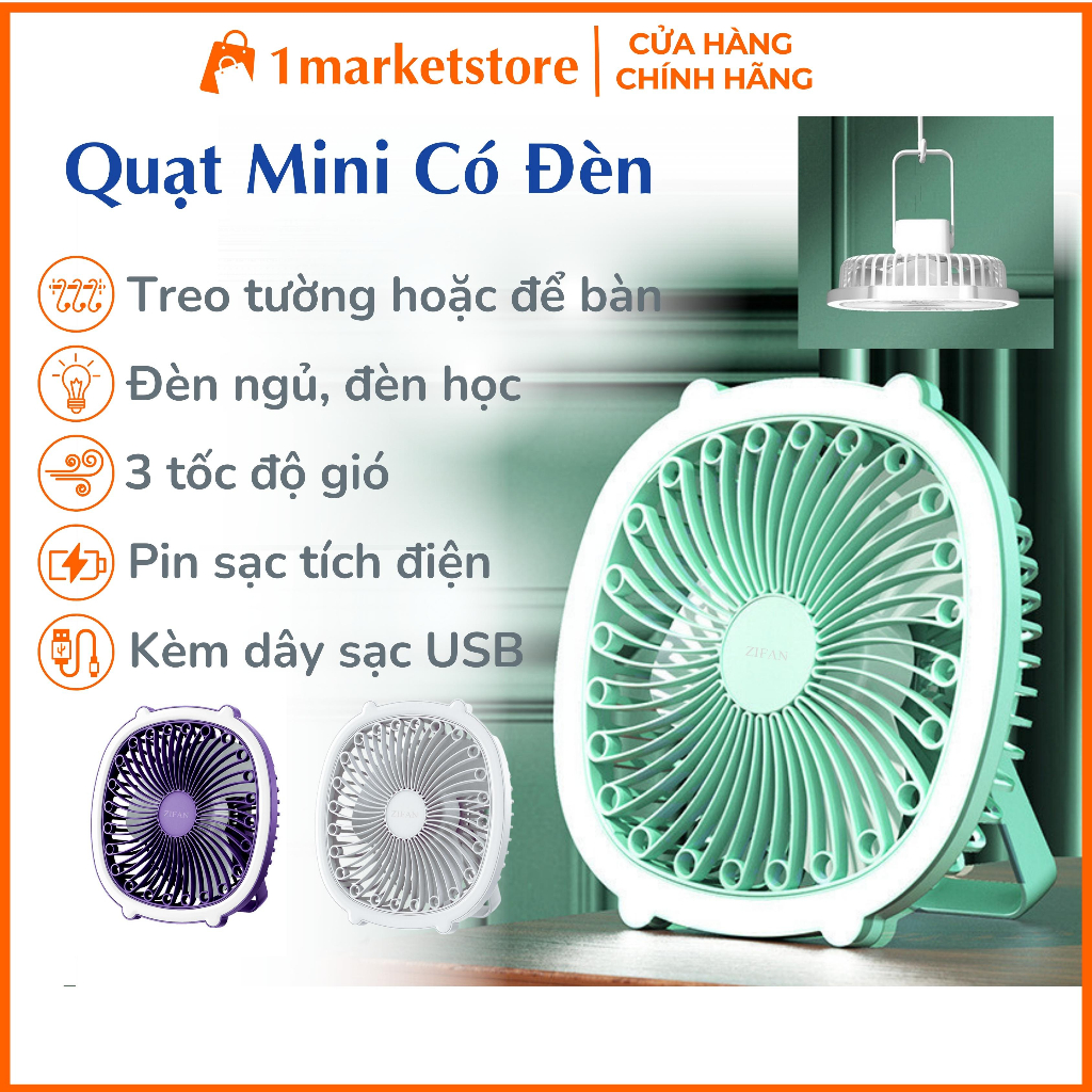 Quạt mini sạc tích điện có đèn treo tường hoặc để bàn, sạc usb, xoay, pin sạc hai động cơ hoạt động lâu dài bền bỉ