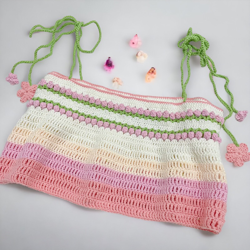 Tuplip top Áo croptop hai dây Set áo váy hoa tulip màu loang móc len handmade