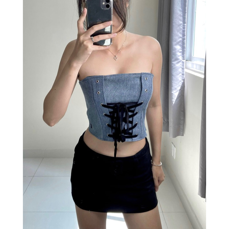 Áo corset jeans xanh đan dây dành cho nữ phong cách ulzzang girl