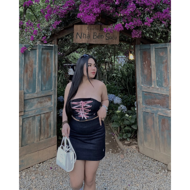 Áo corset jeans xanh đan dây dành cho nữ phong cách ulzzang girl