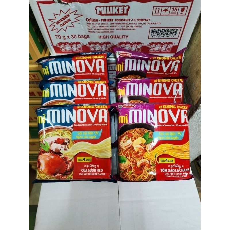 Thùng 24 gói mì Minova ( mix 12 gói vị cua sườn heo + 12 gói tôm xào lá chanh)