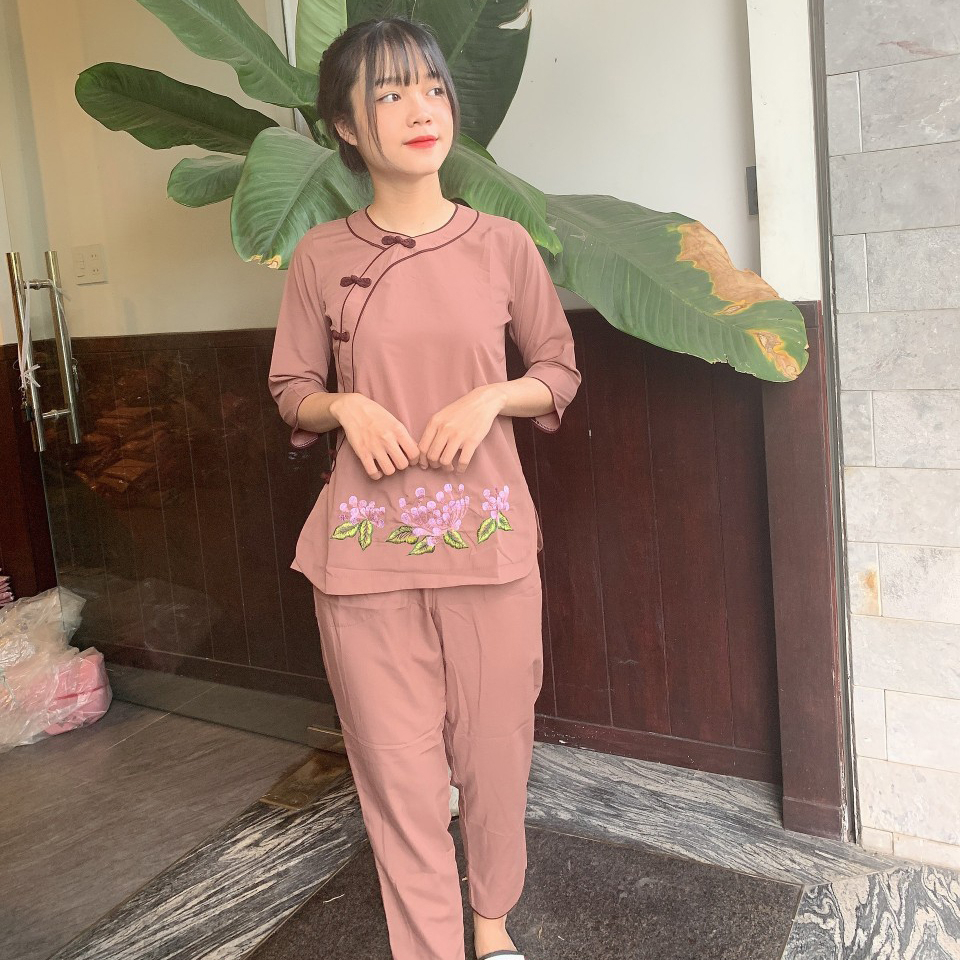 Quần Áo nữ Phật Tử, đồ lam Đi Chùa mẫu nữ kate viền đôi mã A08