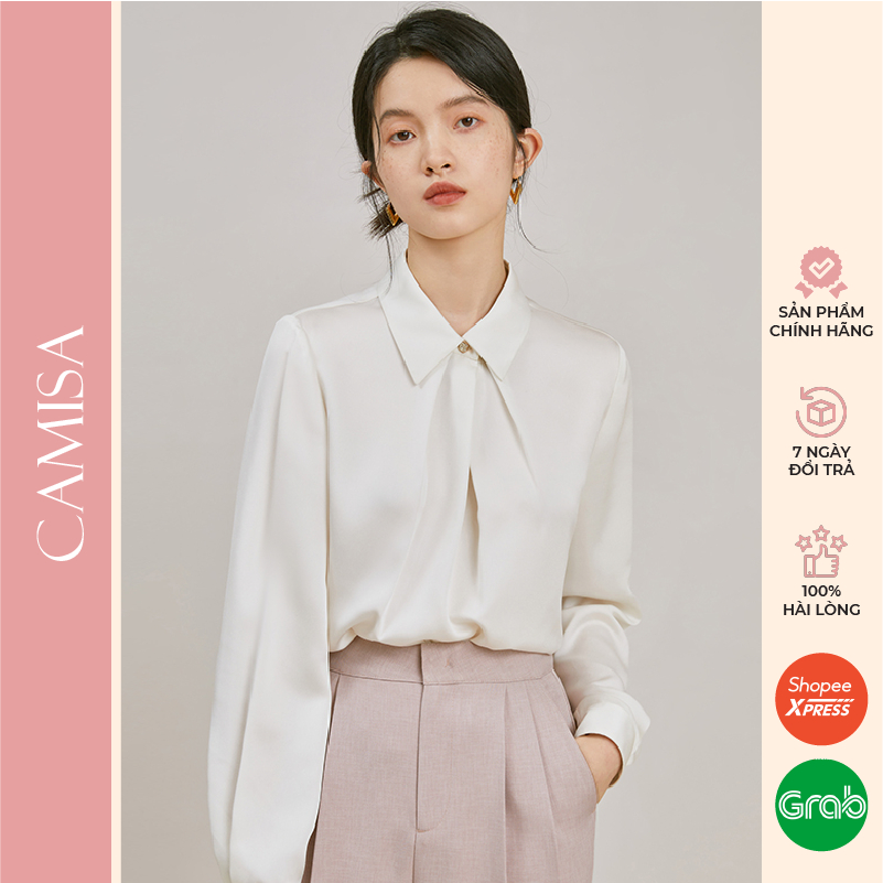 Áo sơ mi nữ CAMISA phong cách công sở basic cách điệu cổ nhúm cao cấp, sơ mi trắng form rộng nữ kiểu vải lụa CM27