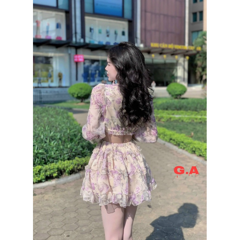 Đầm xoè ngắn mini phối bông hoa ngực - Free size dưới 54kg - MS03HD