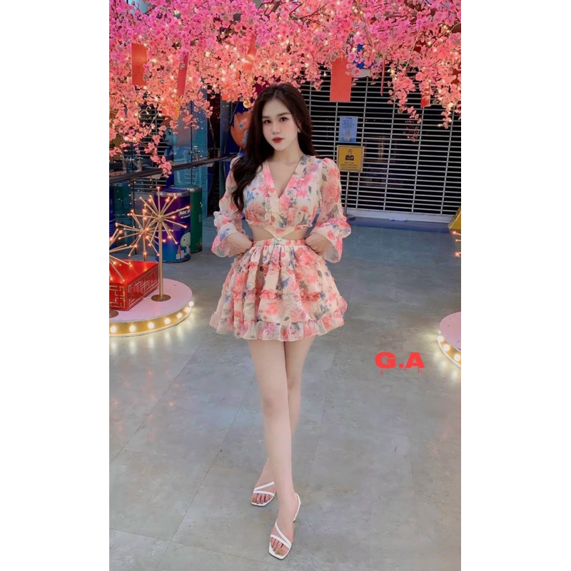 Đầm xoè ngắn mini phối bông hoa ngực - Free size dưới 54kg - MS03HD