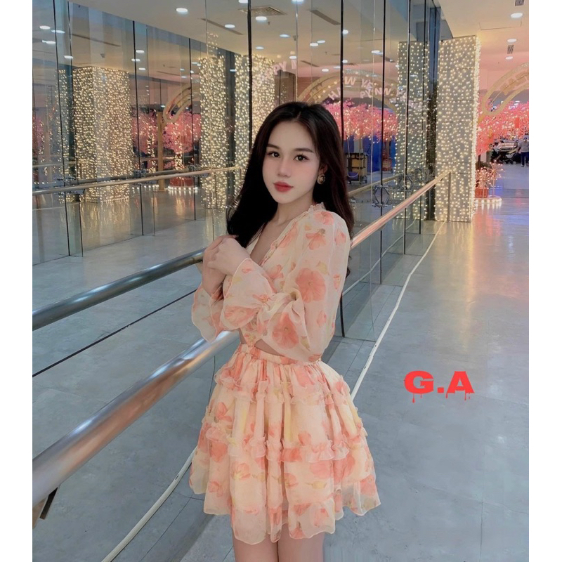 Đầm xoè ngắn mini phối bông hoa ngực - Free size dưới 54kg - MS03HD