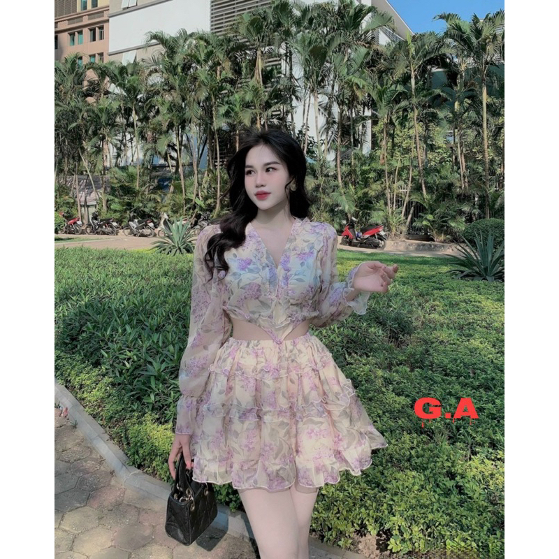 Đầm xoè ngắn mini phối bông hoa ngực - Free size dưới 54kg - MS03HD