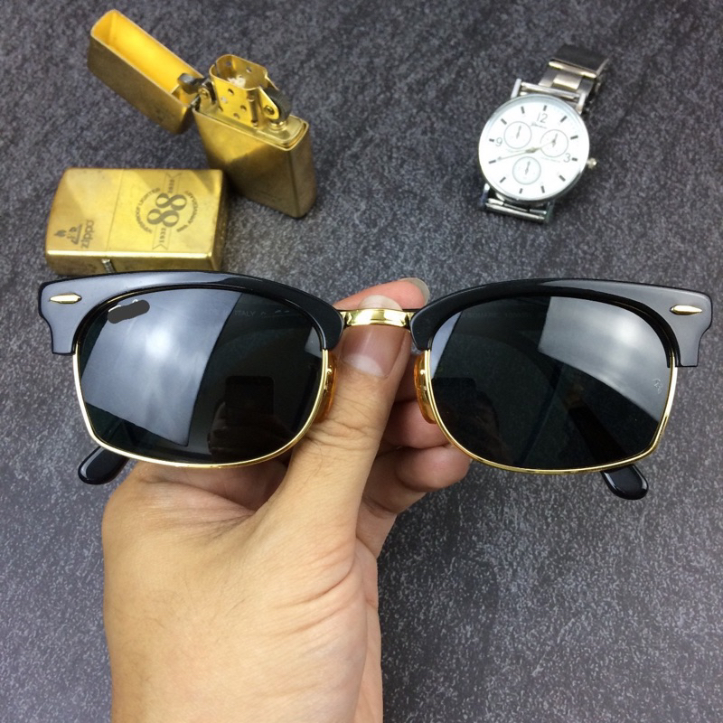 Kính Mát Rayban Clubmaster Mắt Thuỷ Tinh Đen Chống Nắng Sang Trọng Cho Nam Nữ