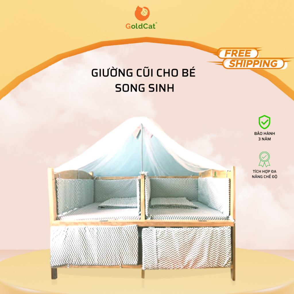 Nôi Cũi Giường Chống Trào Ngược Cho Bé Sinh Đôi GOLDCAT Có Vách Ngăn Chất Liệu Gỗ Quế Tự Nhiên Chống Mối Mọt