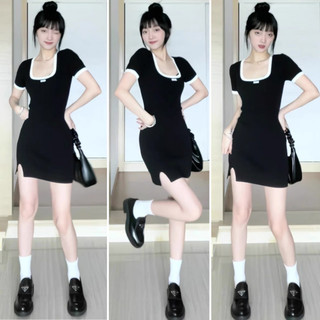 Đầm Body Cổ Vuông Viền Phối Màu Cá Tính Xẻ Tà Năng Động -D18