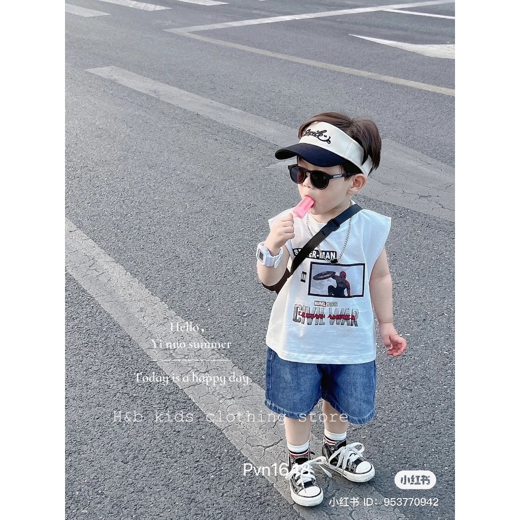Bộ quần áo ba lỗ bé trai , set bộ áo balo người nhện kèm quần jeans cực chất cho bé trai 8-27kg