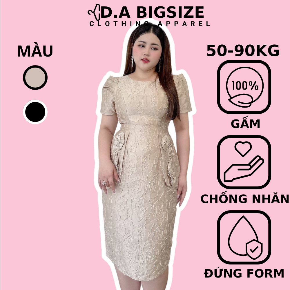DA BIGSIZE - Đầm Nữ Đầm Dự Tiệc , Váy Nữ Bigsize Cổ Tròn Tay Phồng Chất Gấm Họa Tiết Cao Cấp Dành Cho Người Mập 50-90kg