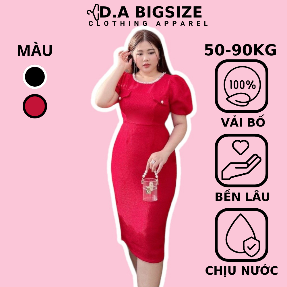 Đầm Nữ Đầm Dự Tiệc , Váy Nữ Bigsize Ôm Body Cổ Tròn Tay Phồng 2 Nắp Túi Kèm Ngoc Trai Cổ Dành Cho Người Mập 50.90kg