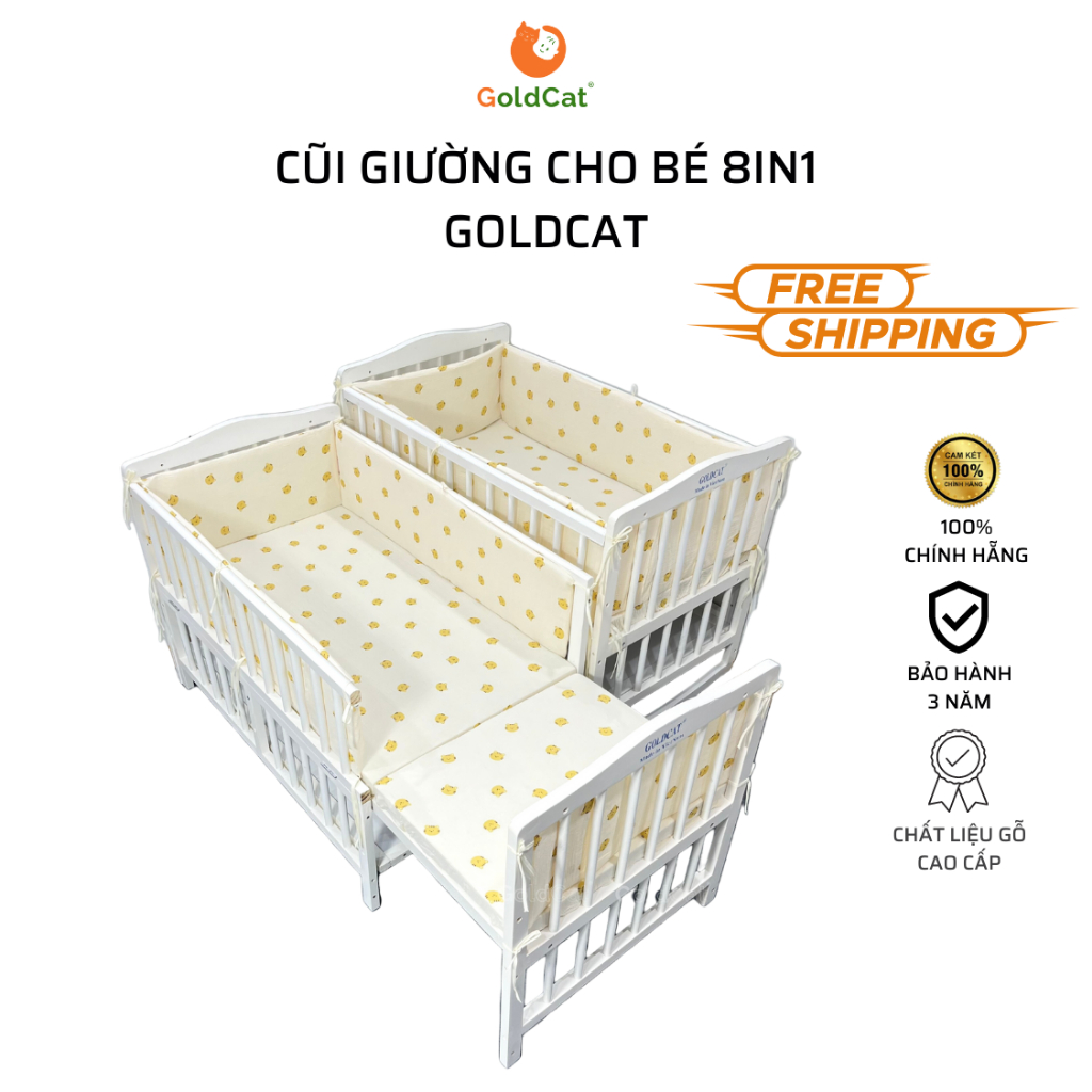 Nôi Cũi Đa Năng 8 Chế Độ GOLDCAT Kéo Dài Thành Giường Cho Trẻ từ 0-10 tuổi, Chất Liệu Gỗ Quế Tự Nhiên, An Toàn Cho Bé