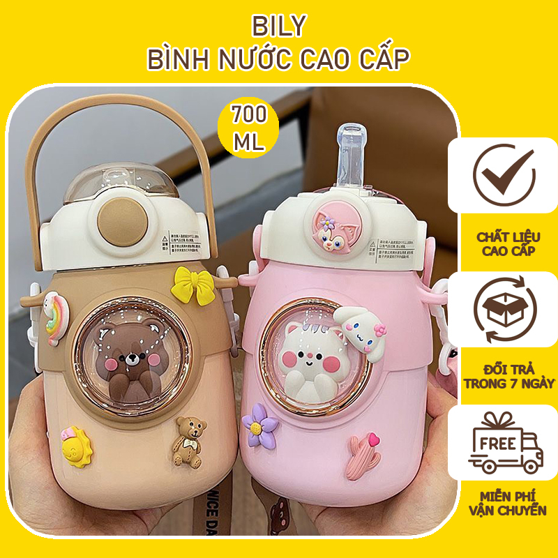 Bình giữ nhiệt cho bé 700ml inox 316 bình nước cute cho học sinh có ống hút kèm quai đeo chéo