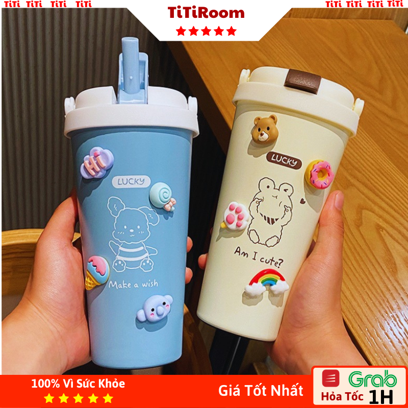 Ly Cốc giữ nhiệt bằng thép không gỉ Miniso inox 304 dung tích 500ml có ống hút dễ thương cute tặng kèm sticker + dây đeo