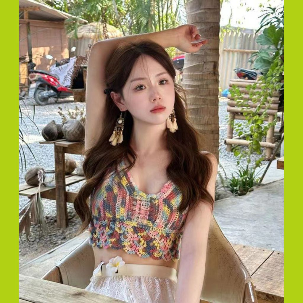 Áo bra len móc bikini đi biển đồ bơi mùa hè 2023, Áo croptop cổ yếm gợi cảm