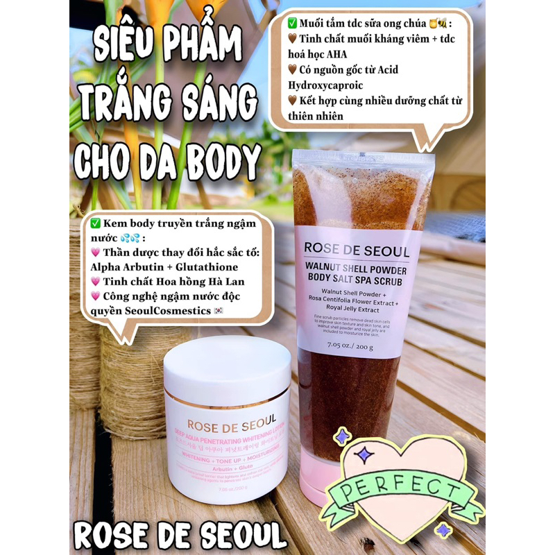 Combo kem body Rose De Seoul và muối tắm tẩy da chết Rose De Seoul | BigBuy360 - bigbuy360.vn