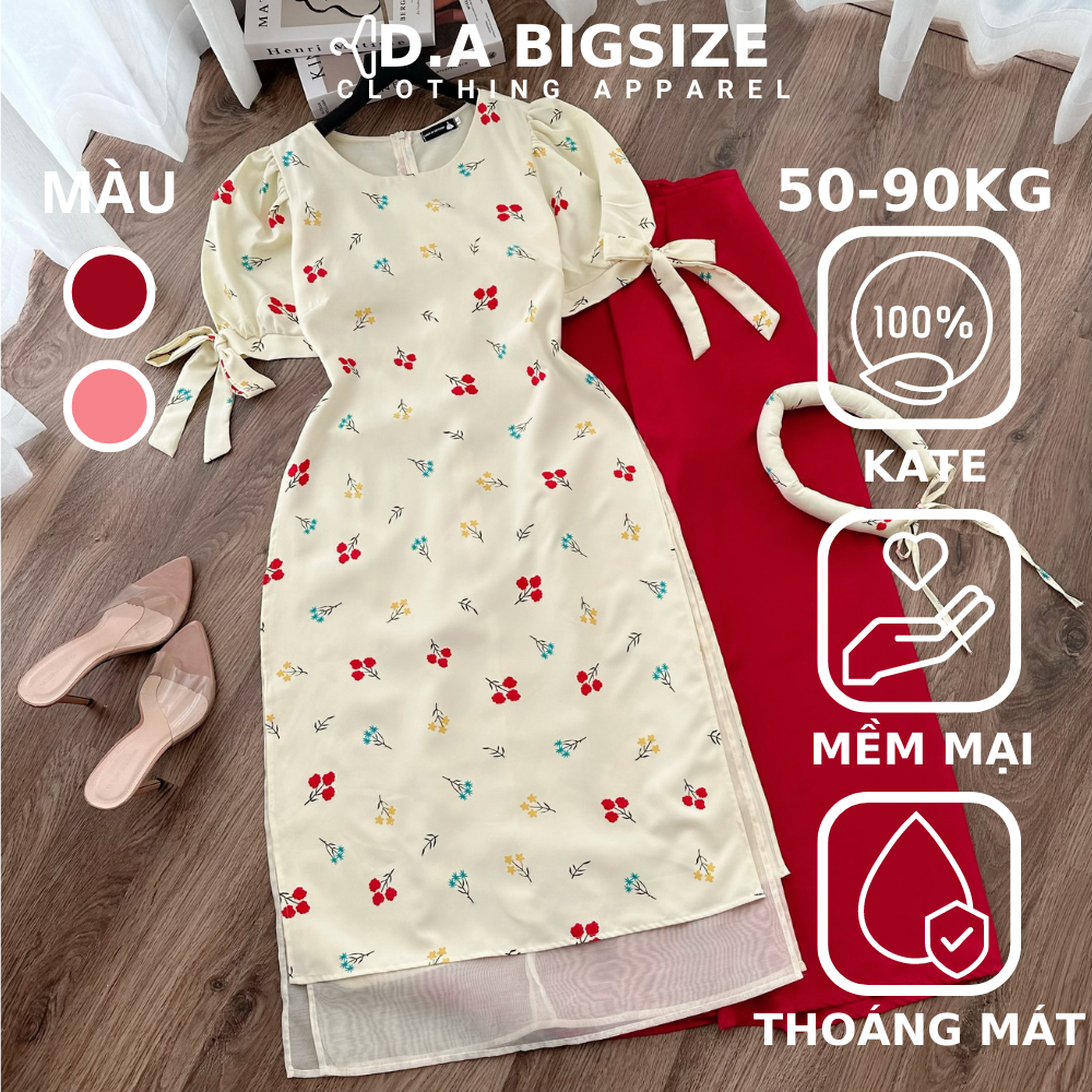 DA BIGSIZE - Áo Dài Cách Tân Nữ Bigsize Cổ Tròn Tay Phồng Phối Nơ Tay Kèm Mấn Chất Xốp Hàn Dành Cho Người Mập 50-90kg