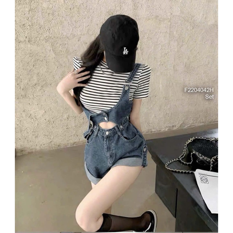 Set bộ áo thun sọc phối quần yếm rời cá tính VIENS STORE