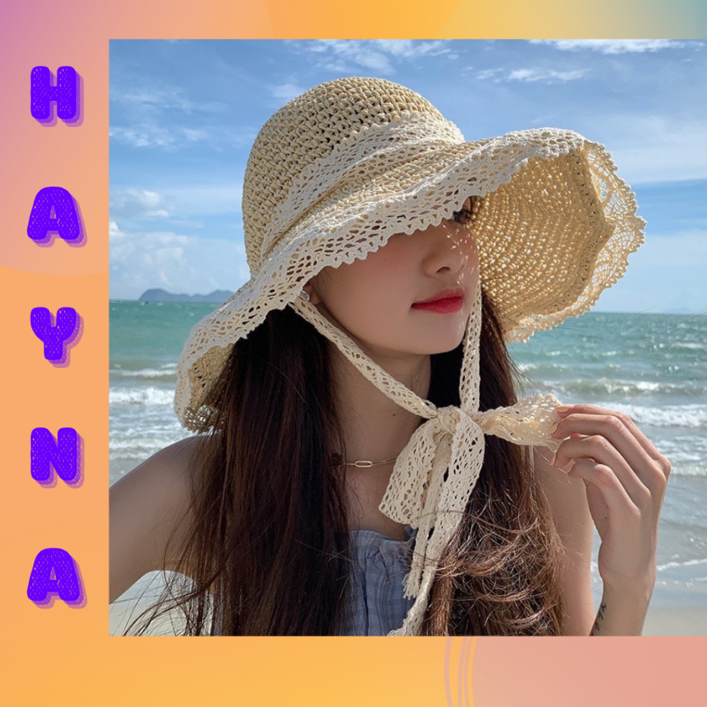 Mũ Cói Vành Rộng Viền Ren chống nắng đi biển siêu xinh Hayna Hats M121