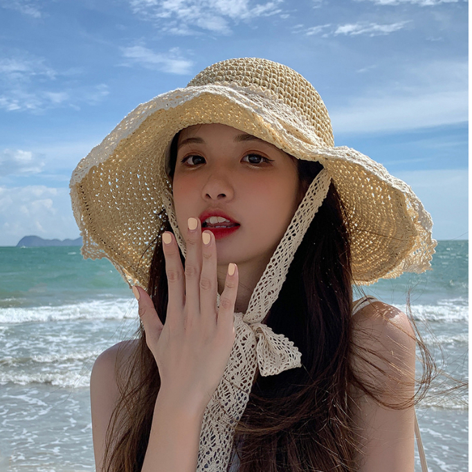 Mũ Cói Vành Rộng Viền Ren chống nắng đi biển siêu xinh Hayna Hats M121