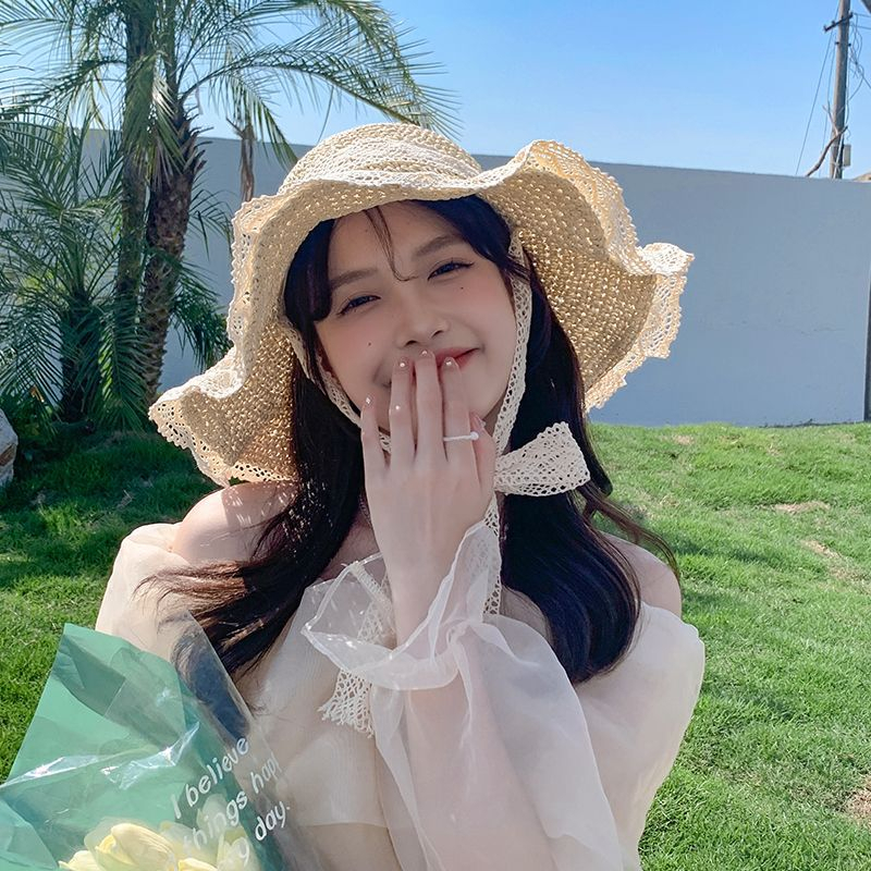 Mũ Cói Vành Rộng Viền Ren chống nắng đi biển siêu xinh Hayna Hats M121