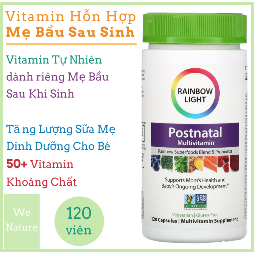 Vitamin Cho Mẹ Bầu Cho Bé Sau Sinh 120 Viên - Folate 600mcg - D3 K2  - Garden Of Life - Postnatal - Rainbow Light