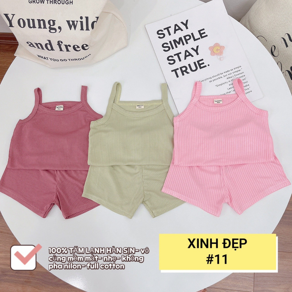 Set 3 bộ hai dây xinh đẹp trơn cotton tăm lạnh cho bé gái