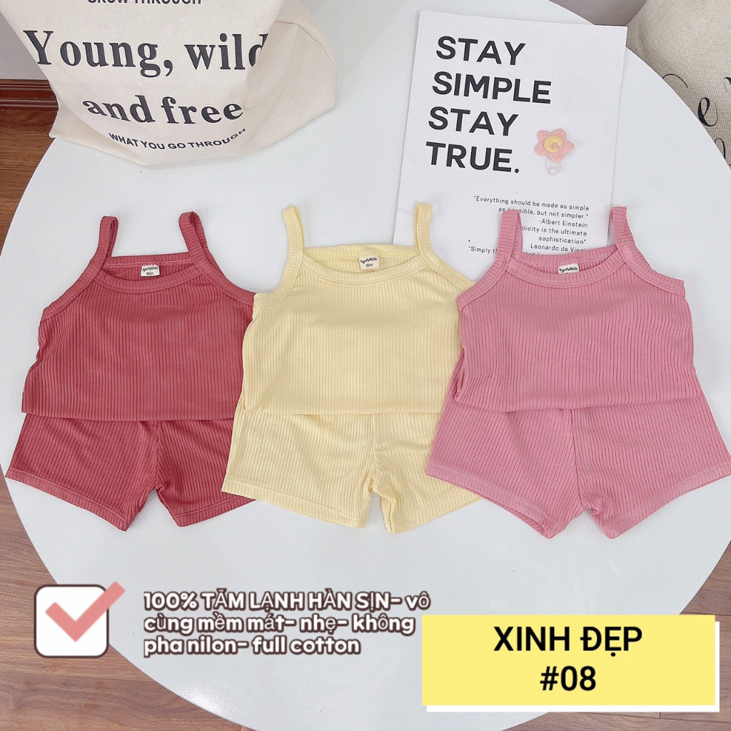 Set 3 bộ hai dây xinh đẹp trơn cotton tăm lạnh cho bé gái