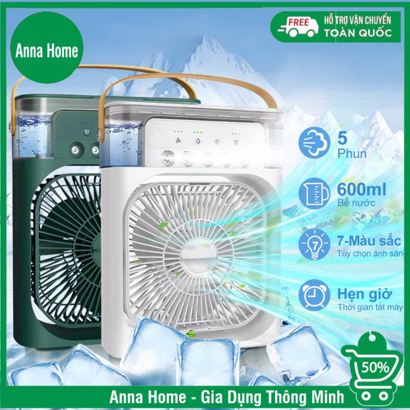Quạt Điều Hòa Phun Sương Hơi Nước Mini Để Bàn 3 Chế Độ Tích Hợp Led, Chế Độ Hẹn Giờ Sử Dụng Cổng Sạc USB Tiện Dụng