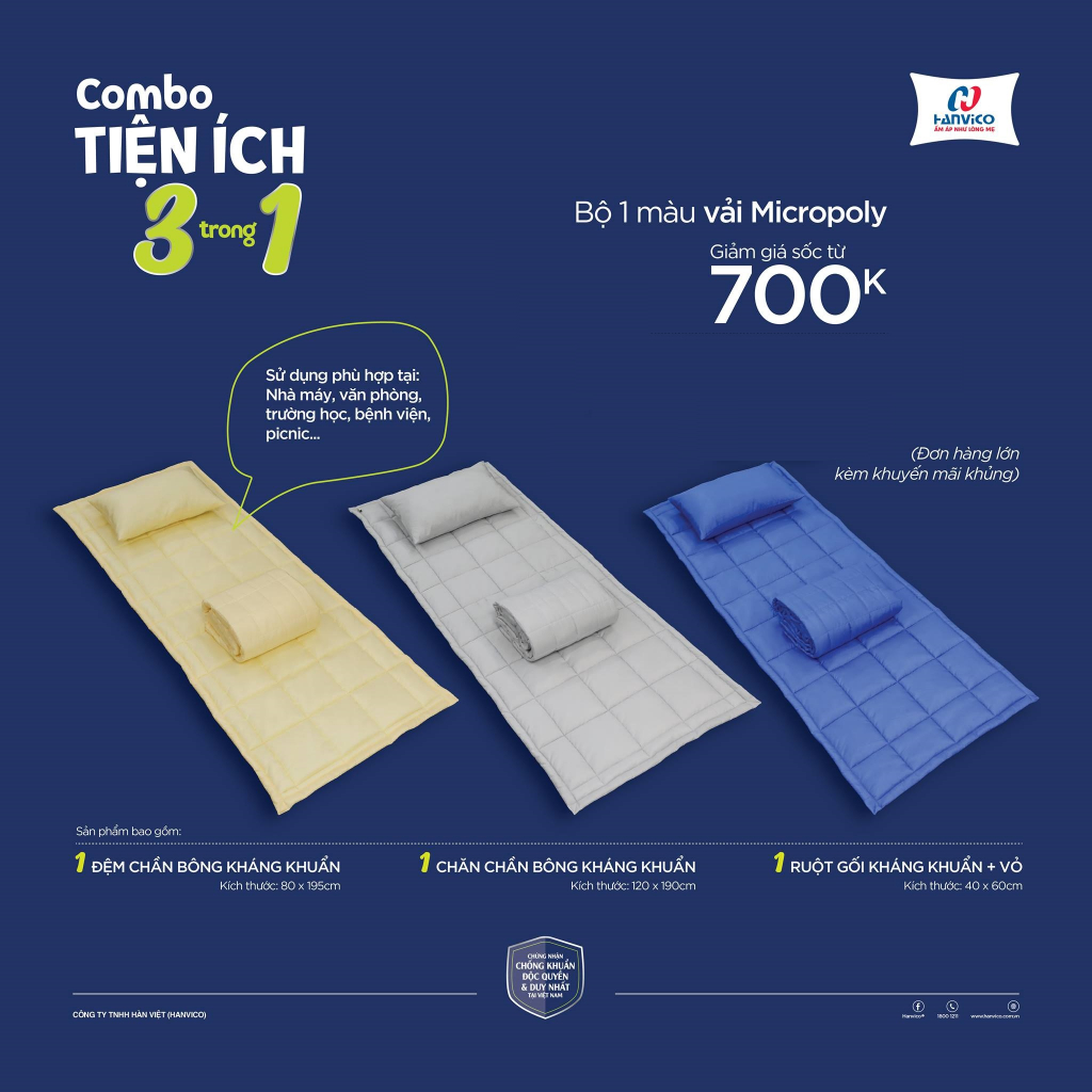 Bộ Tấm Trải Tiện Ích, Set Đệm Ngủ Văn Phòng Hanvico 80x195cm