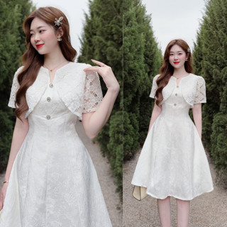 Đầm dự tiệc nữ gấm phối ren sang trọng - XU XU SHOP - Váy trắng đi ăn cưới, sự kiện cực tiểu thư sang chảnh - ẢNH THẬT