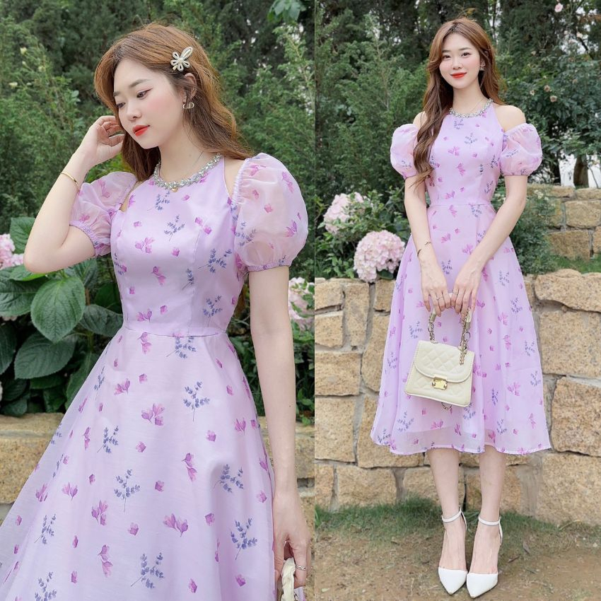 Đầm hoa nhí đi tiệc cổ yếm mặc được 2 kiểu - XU XU SHOP - Váy hoa nữ dáng xòe đính đá sang trọng - ẢNH THẬT