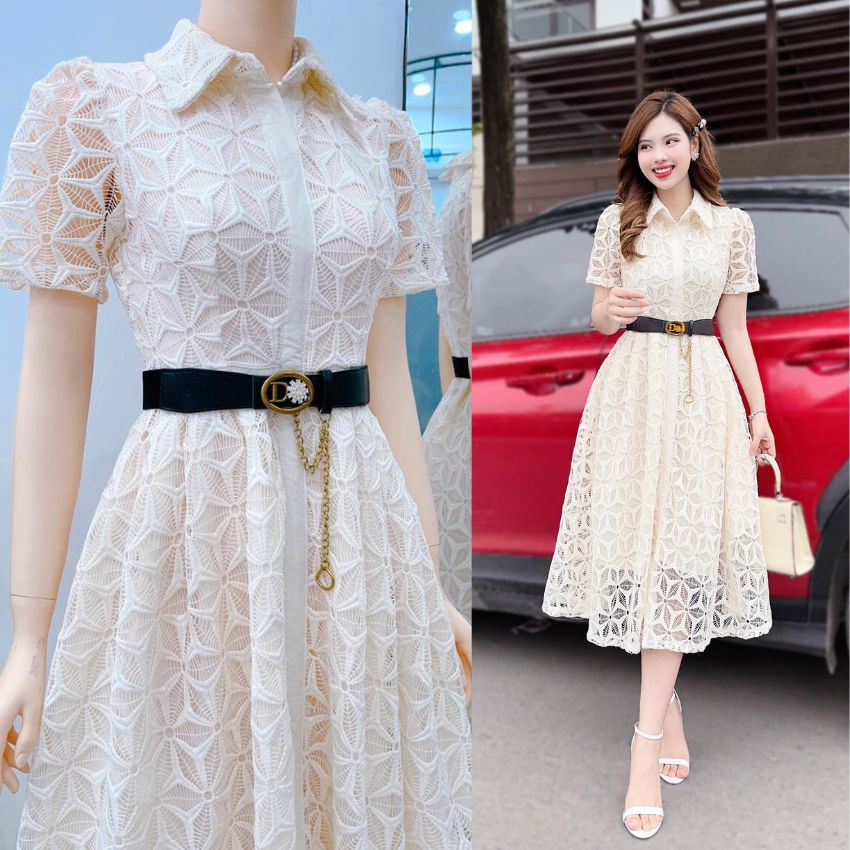 Đầm ren dự tiệc kèm đai cực sang - XU XU SHOP - Váy thiết kế nữ phong cách công sở thanh lịch cổ sơ mi - ẢNH THẬT