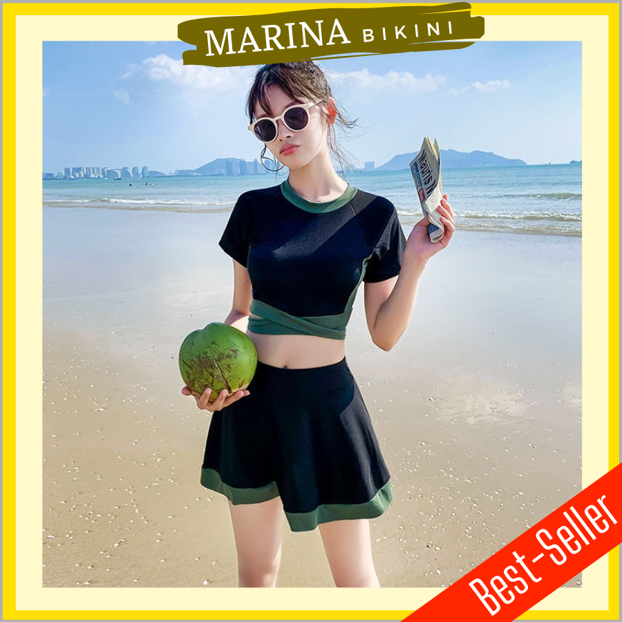 Bikini đồ bơi nữ đi biển áo croptop viền xanh rêu tay ngắn váy xòe kín đáo Marina074