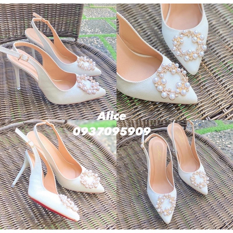 Giày Cao Gót Mint phối Nơ Đá 10P Mũi Nhọn - Hàng VNXK Cao Cấp - Full Size 34-40