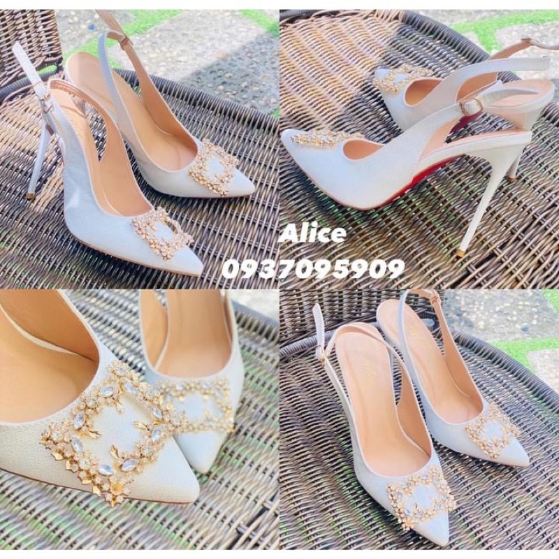 Giày Cao Gót Mint phối Nơ Đá 10P Mũi Nhọn - Hàng VNXK Cao Cấp - Full Size 34-40
