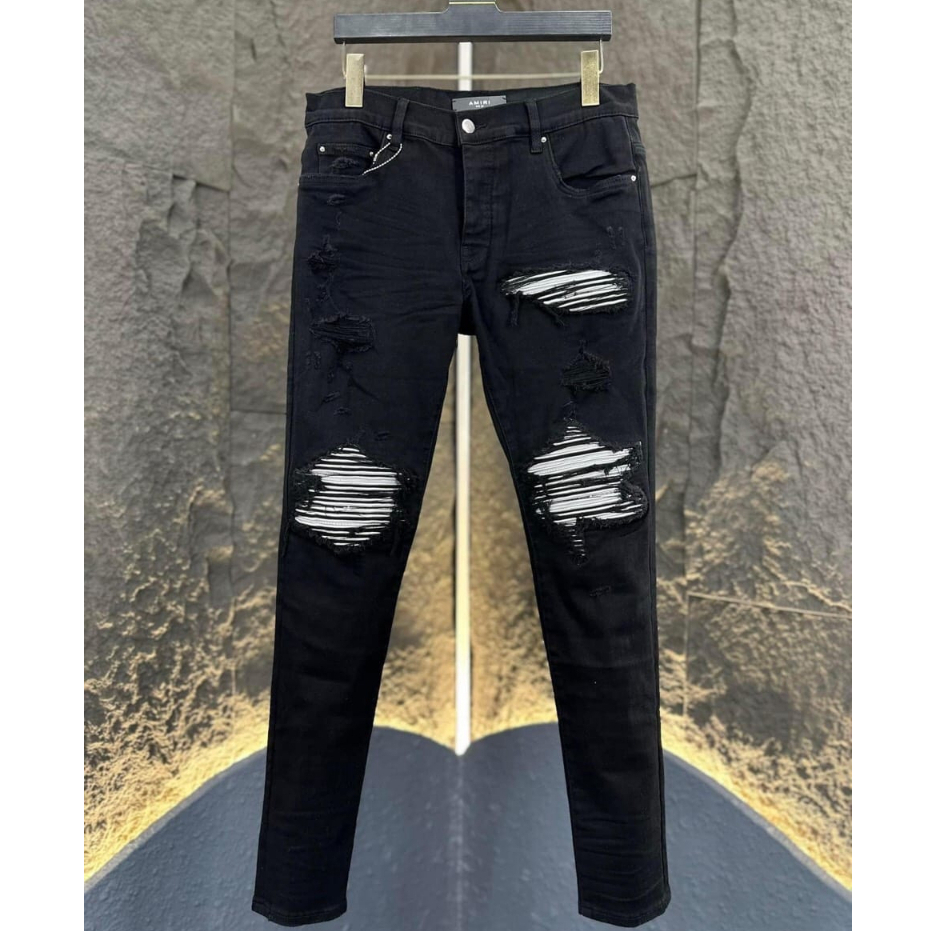 Quần AMIRI Đen Vá Gối Da Quần Jean Skinny AMIRI Gối Vá Da Chất Bò Cao Cấp