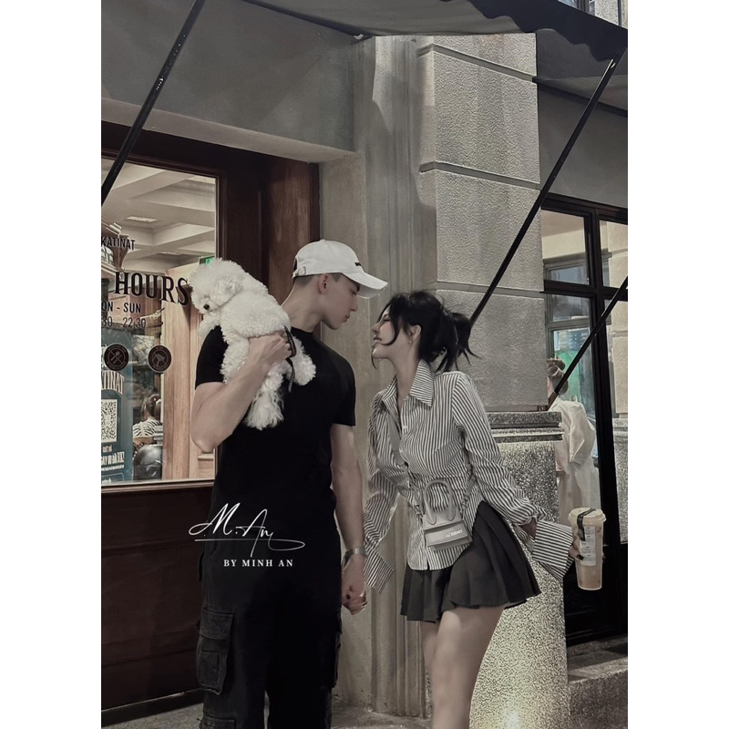 Set áo sơmi kẻ + chân váy xếp ly