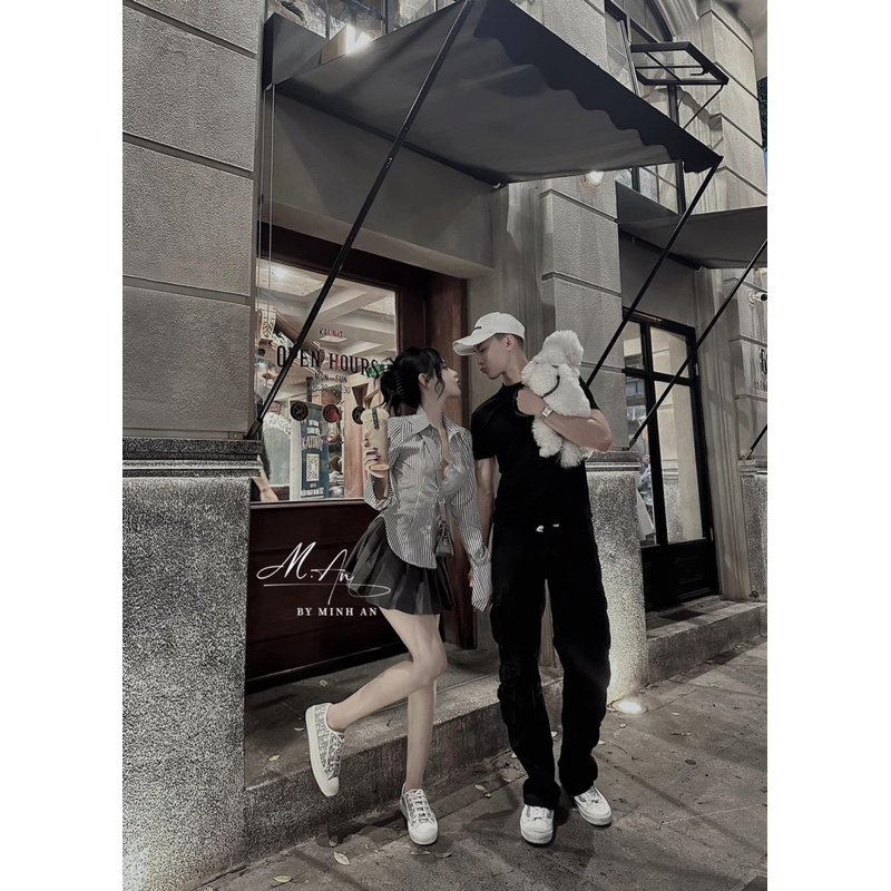 Set áo sơmi kẻ + chân váy xếp ly