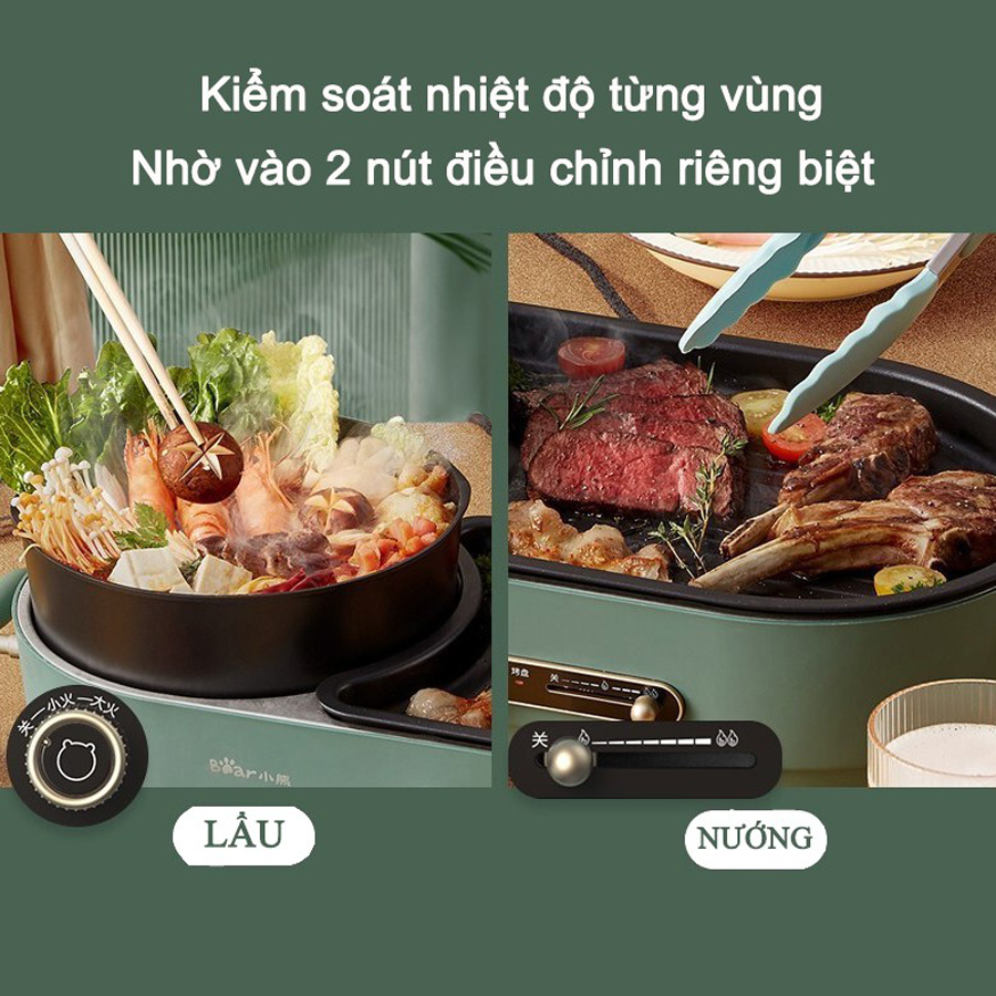 Bếp lẩu nướng 2 ngăn Bear, Nồi lẩu nướng 2 in 1, dung tích 3L 1600W – Hàng chính hãng bảo hành 6-18 tháng