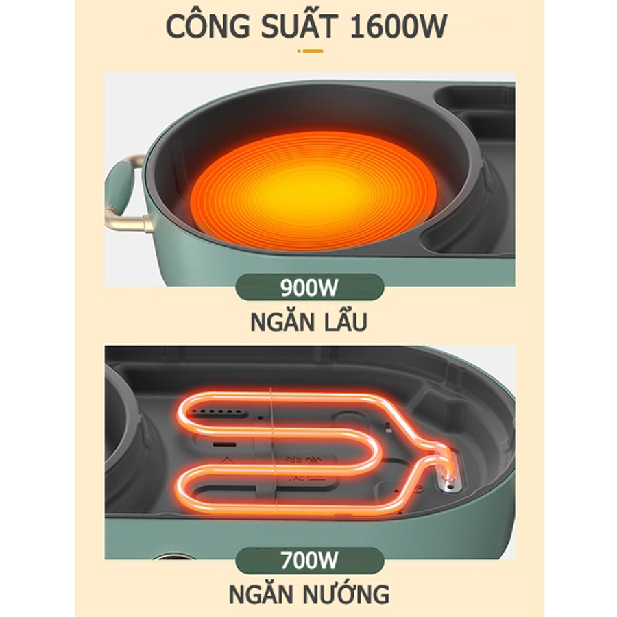 Bếp lẩu nướng 2 ngăn Bear, Nồi lẩu nướng 2 in 1, dung tích 3L 1600W – Hàng chính hãng bảo hành 6-18 tháng